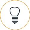 Dental implant icon with orange circle border, representing tooth replacement solution.