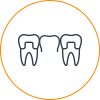 Three tooth outlines arranged horizontally within an orange circle border.
