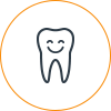 Smiling tooth icon with orange circle border on white background