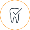 Tooth with checkmark symbol inside orange circle, dental care icon