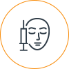 Minimalist line drawing of a face with surgical instruments in circular border