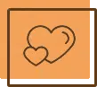 Two overlapping hearts outlined in brown on orange square background, symbolizing love and family connection.