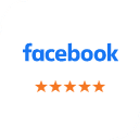 Facebook logo with five orange stars below indicating a highly rated review or testimonial.