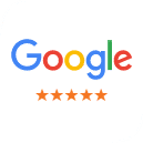Google logo with five-star rating below it
