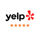 Yelp logo with five gold stars indicating excellent customer rating and review.