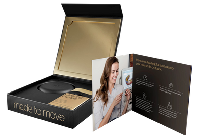 Custom branded packaging box with product display and informational panels featuring a woman's photo